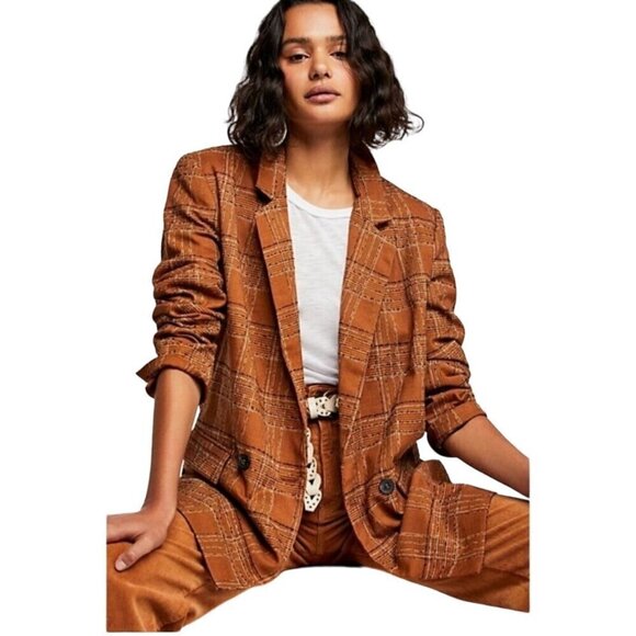 Free People Sporty Girl Uptown Blazer Caramel Brown Plaid Long Lines Size XS - Picture 4 of 12